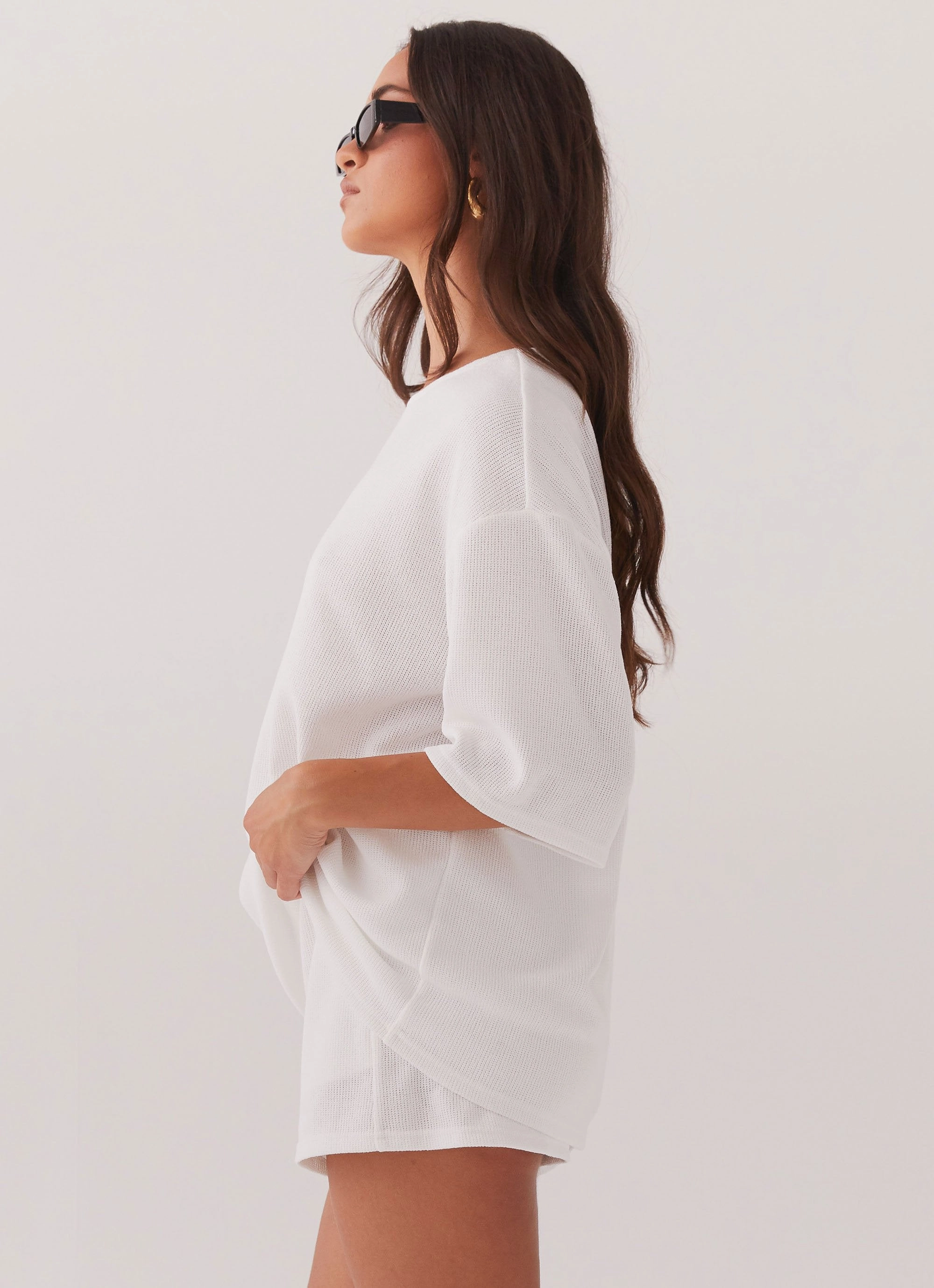 Ocean Waves Oversized Knit Tee - White Classic Ribbed Cuffs