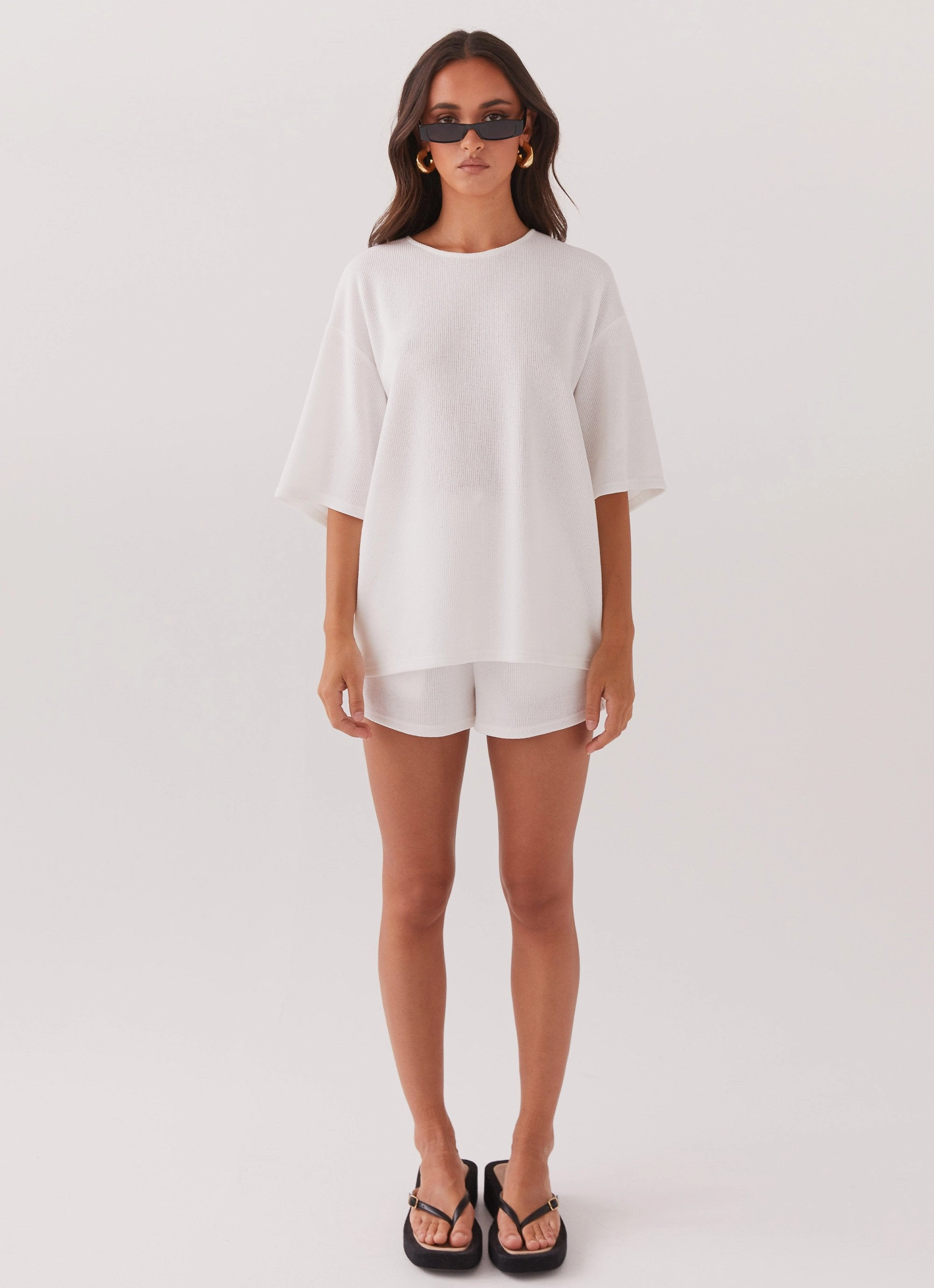 Ocean Waves Oversized Knit Tee - White Durable Double Stitching Adjustable Cuff Design