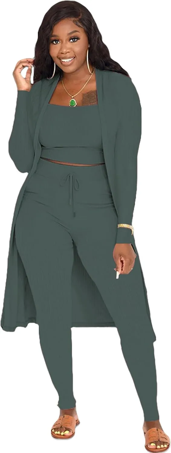 OCEANLUX Women's 3 Piece Lounge Pajamas Set Long Cardigan Crop Tank Drawstring Legging Pants Loungewear Outfits