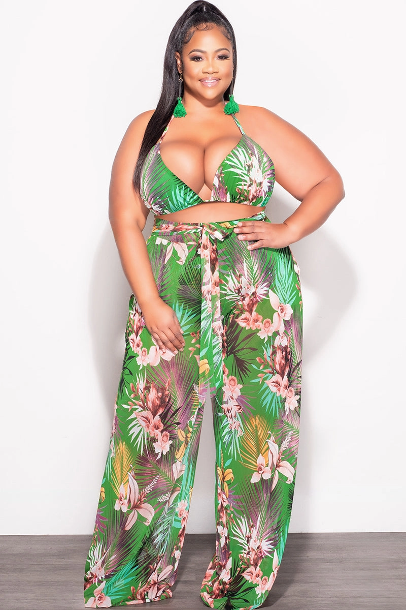Final Sale Plus Size 3pc Set Mesh Bikini Top, Briefs & Pants in Green Tropical Print Button front Odor control