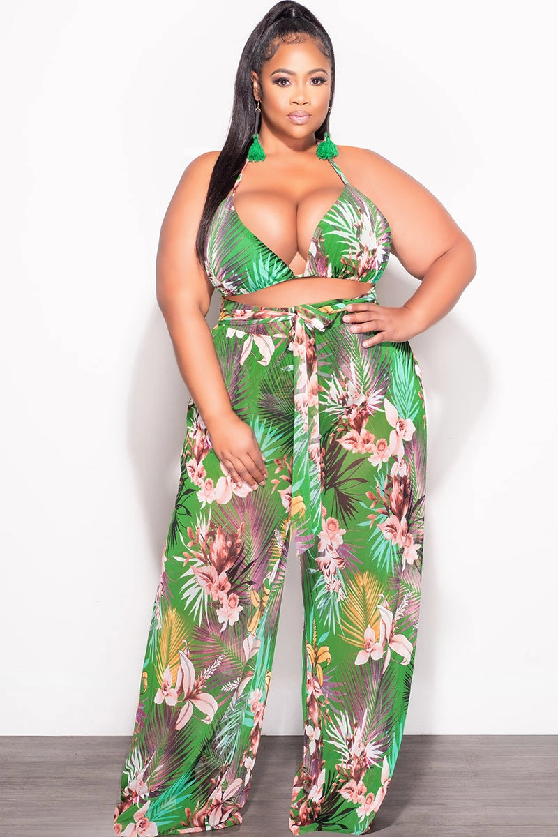 Final Sale Plus Size 3pc Set Mesh Bikini Top, Briefs & Pants in Green Tropical Print Tear Resistant Weave Multi Use