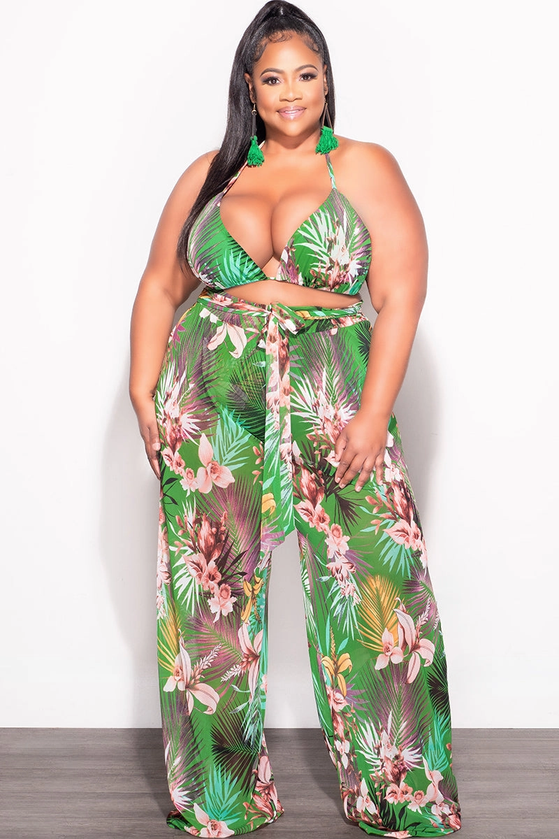Non Restrictive Fit Final Sale Plus Size 3pc Set Mesh Bikini Top, Briefs & Pants in Green Tropical Print