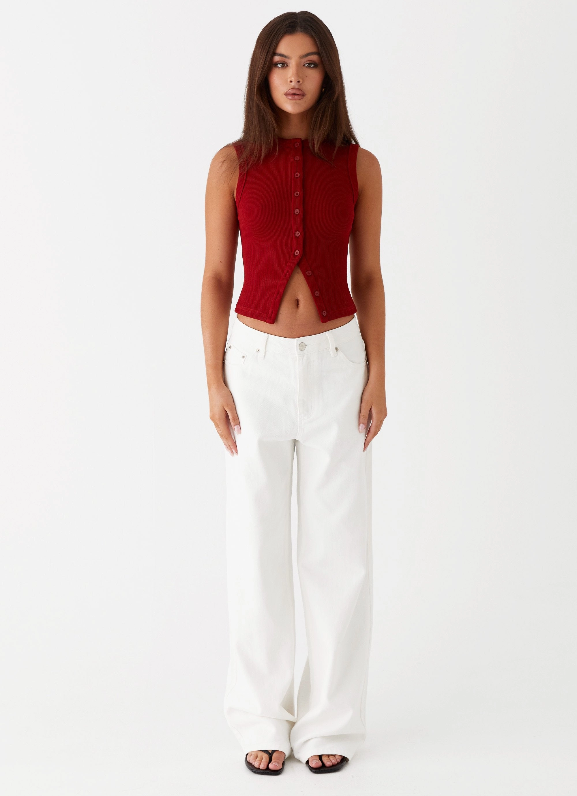 AntiPillingSurface Ribbed Trim Blair Buttoned Tank Top - Ribbed Knit