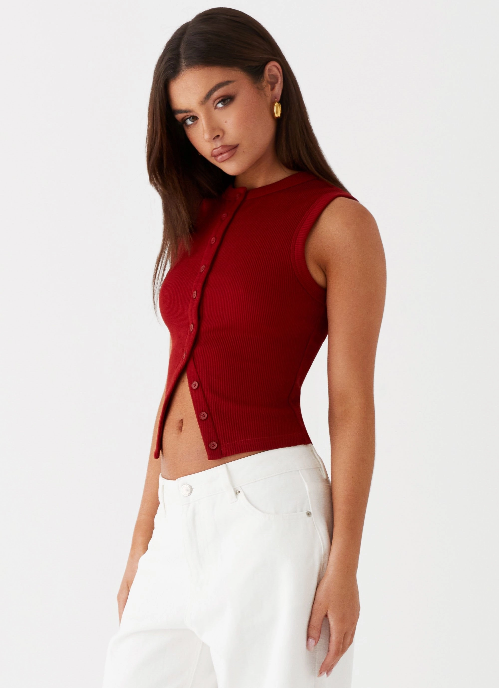 Contrast Topstitching Detail Blair Buttoned Tank Top - Ribbed Knit