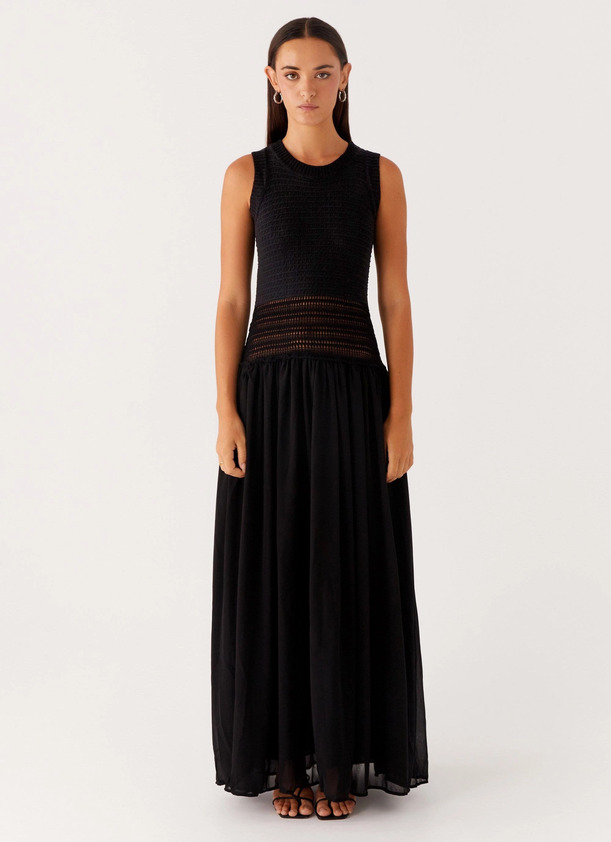 Fashion-forward day dress Sleek Draping Off Grid Crochet Maxi Dress - Black