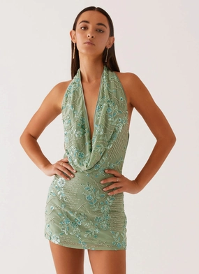 Olisa Cowl Neck Beaded Mini Dress - Mint Classic Motion