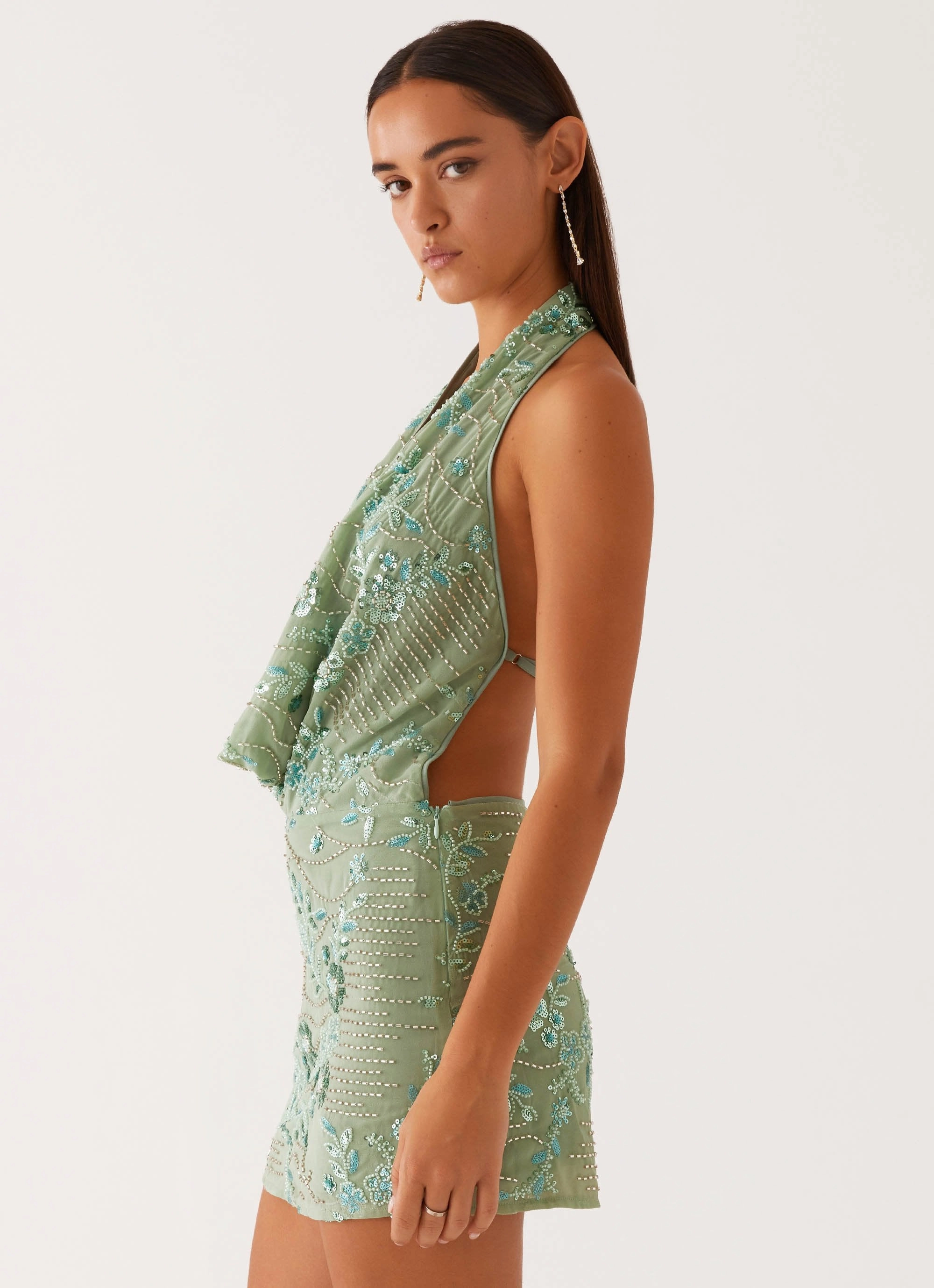 Olisa Cowl Neck Beaded Mini Dress - Mint Comfy Fit Clean Base