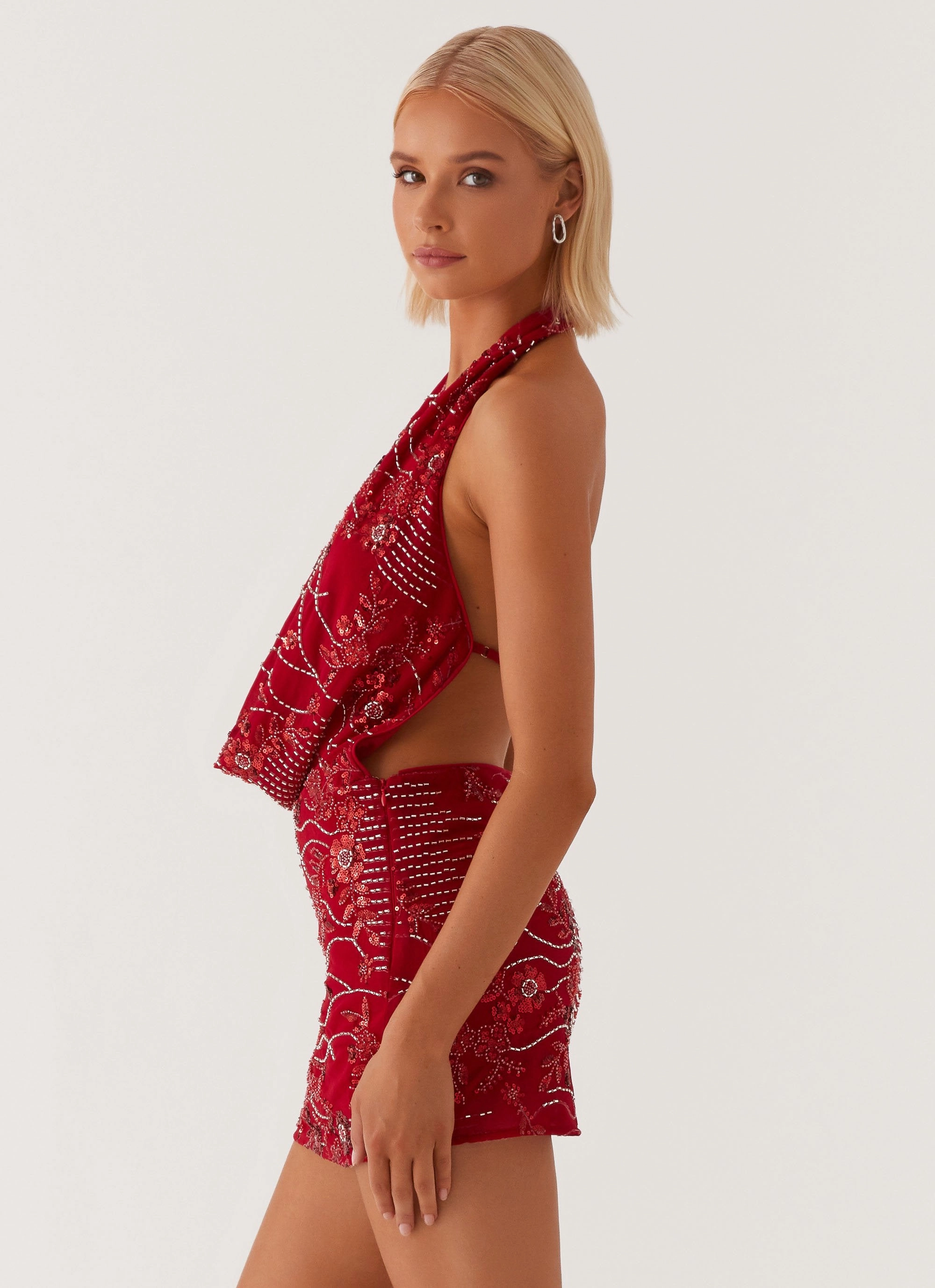 Olisa Cowl Neck Beaded Mini Dress - Red Light Motion A-Line