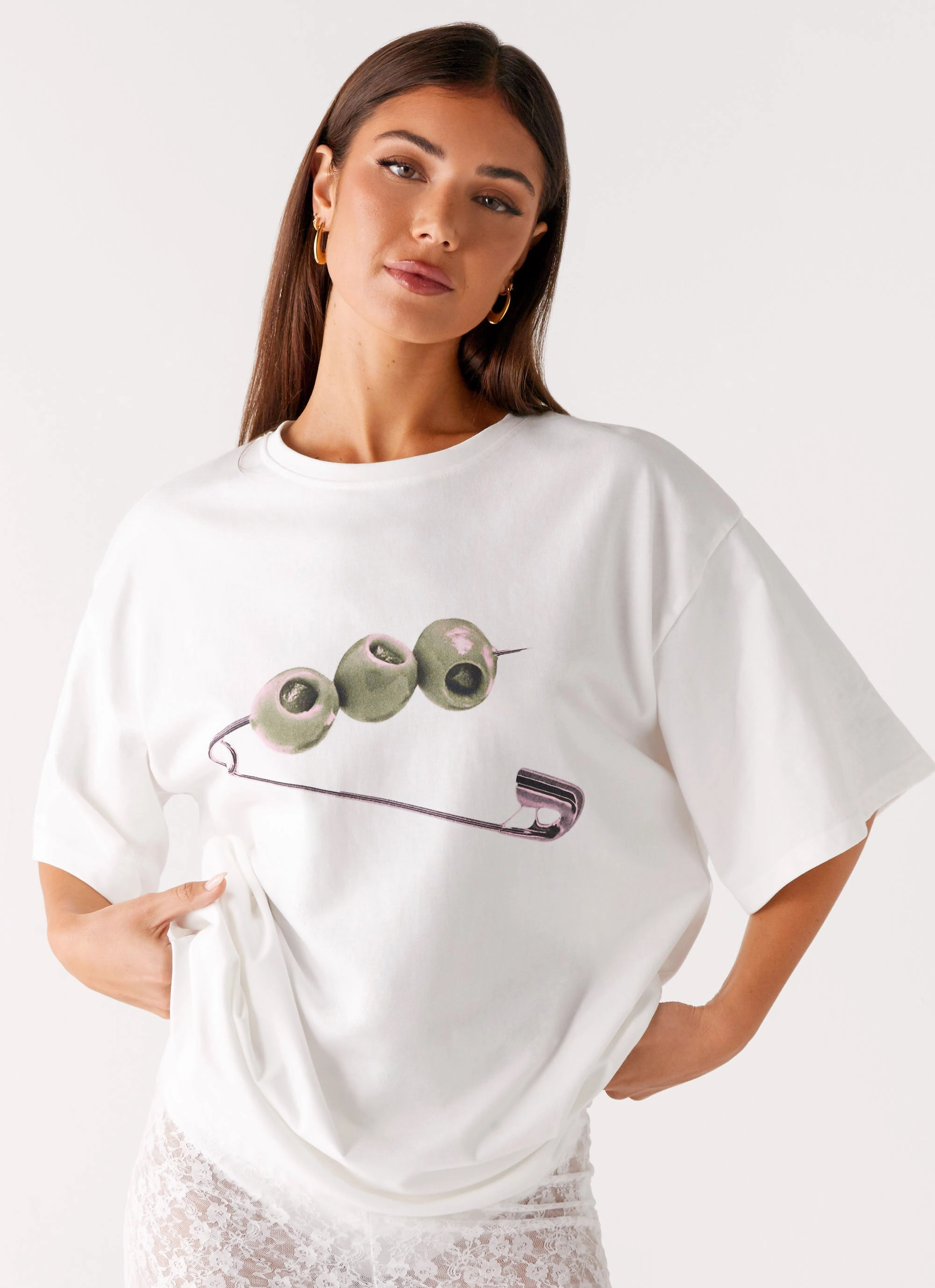Retro Style Olive Oversized Tee - White