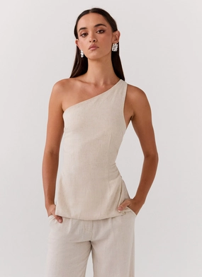 Olsen Linen One Shoulder Top - Oatmeal Long Length Light Look