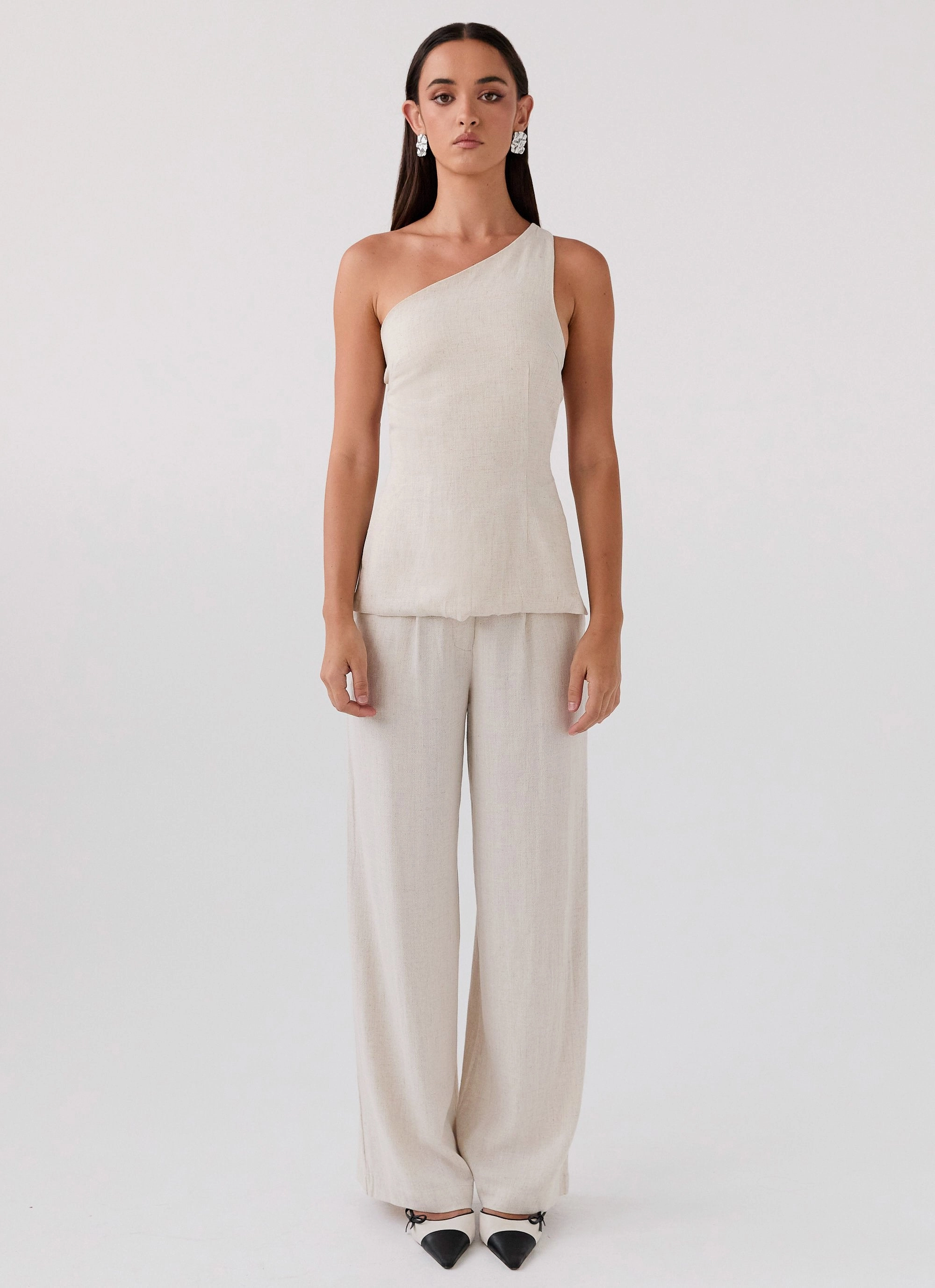 Olsen Linen One Shoulder Top - Oatmeal Full Length Zipper Closure No Collar