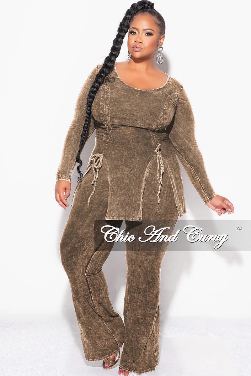 Final Sale Plus Size 2pc Ruched Drawstring Double Slit Top and Pants Set in Brown RecycledPolyester