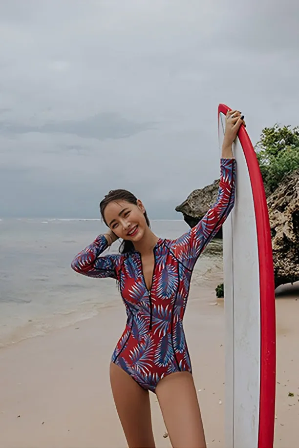 One Piece Blue Leaf Print Zip-Up Long-Sleeve Swimsuit UPF50  Rash Guard