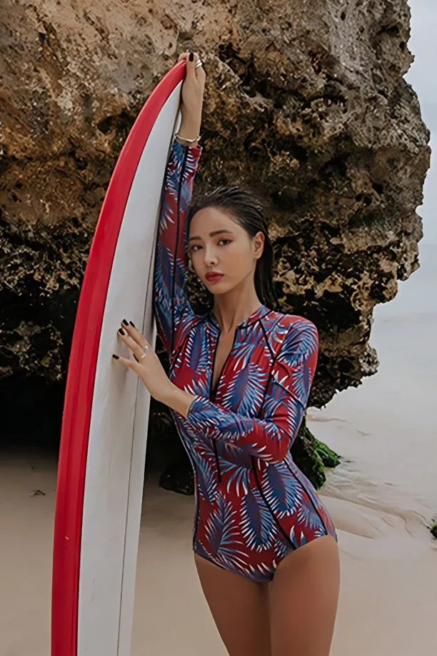 One Piece Blue Leaf Print Zip-Up Long-Sleeve Swimsuit UPF50  Rash Guard
