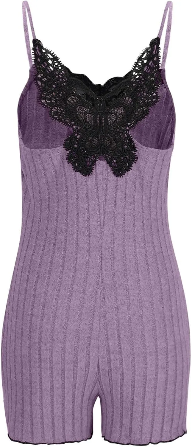 One Piece Short Bodysuit Womens Lace Onesies Pajamas Ribbed Bodycon Rompers Spaghetti Strap Loungewear Sleepwear