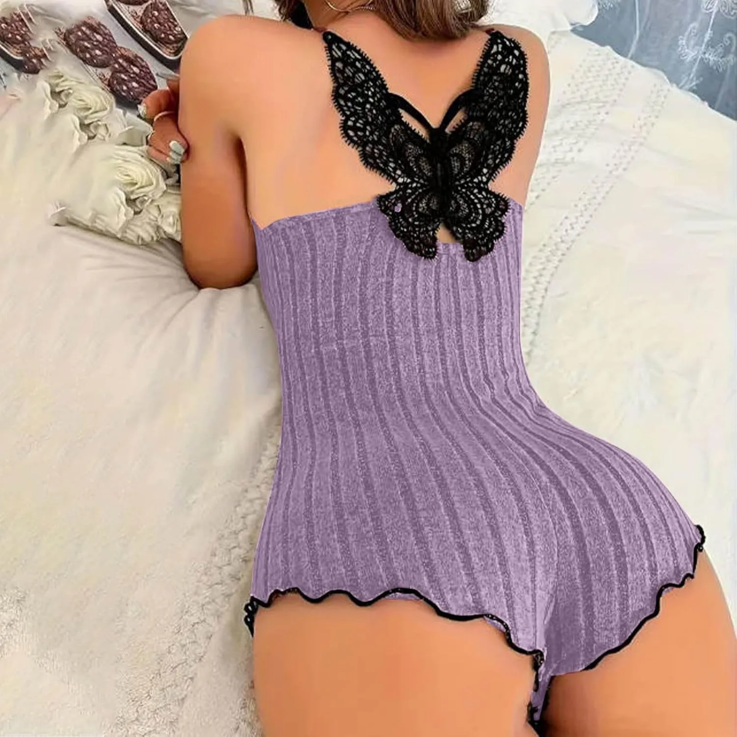 One Piece Short Bodysuit Womens Lace Onesies Pajamas Ribbed Bodycon Rompers Spaghetti Strap Loungewear Sleepwear