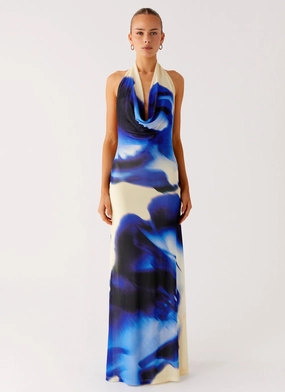 Only A Feeling Cowl Neck Maxi Dress - Heirloom Floral Sleek Silhouette Balloon-Sleeve