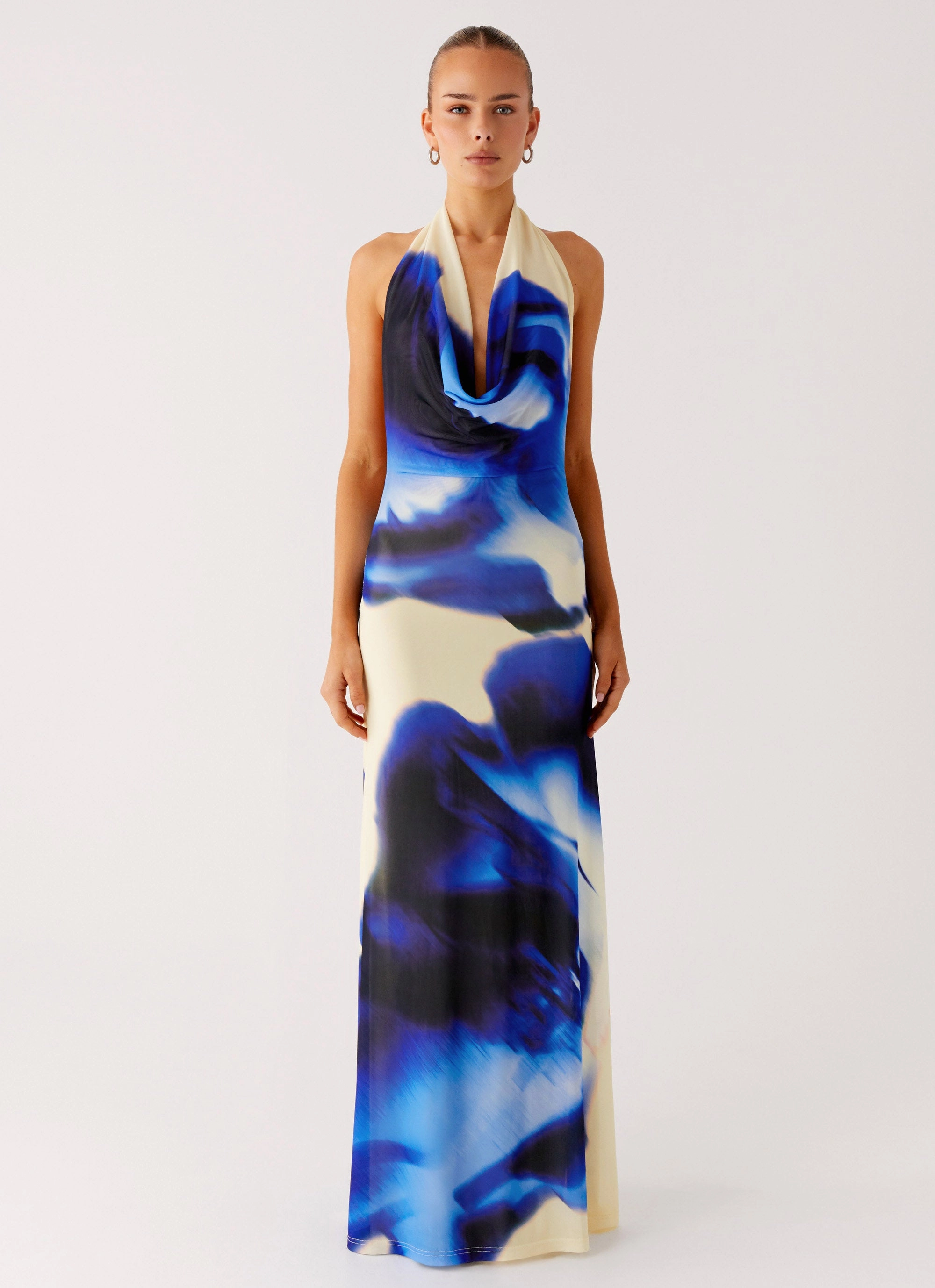 Only A Feeling Cowl Neck Maxi Dress - Heirloom Floral Sleek Silhouette Balloon-Sleeve