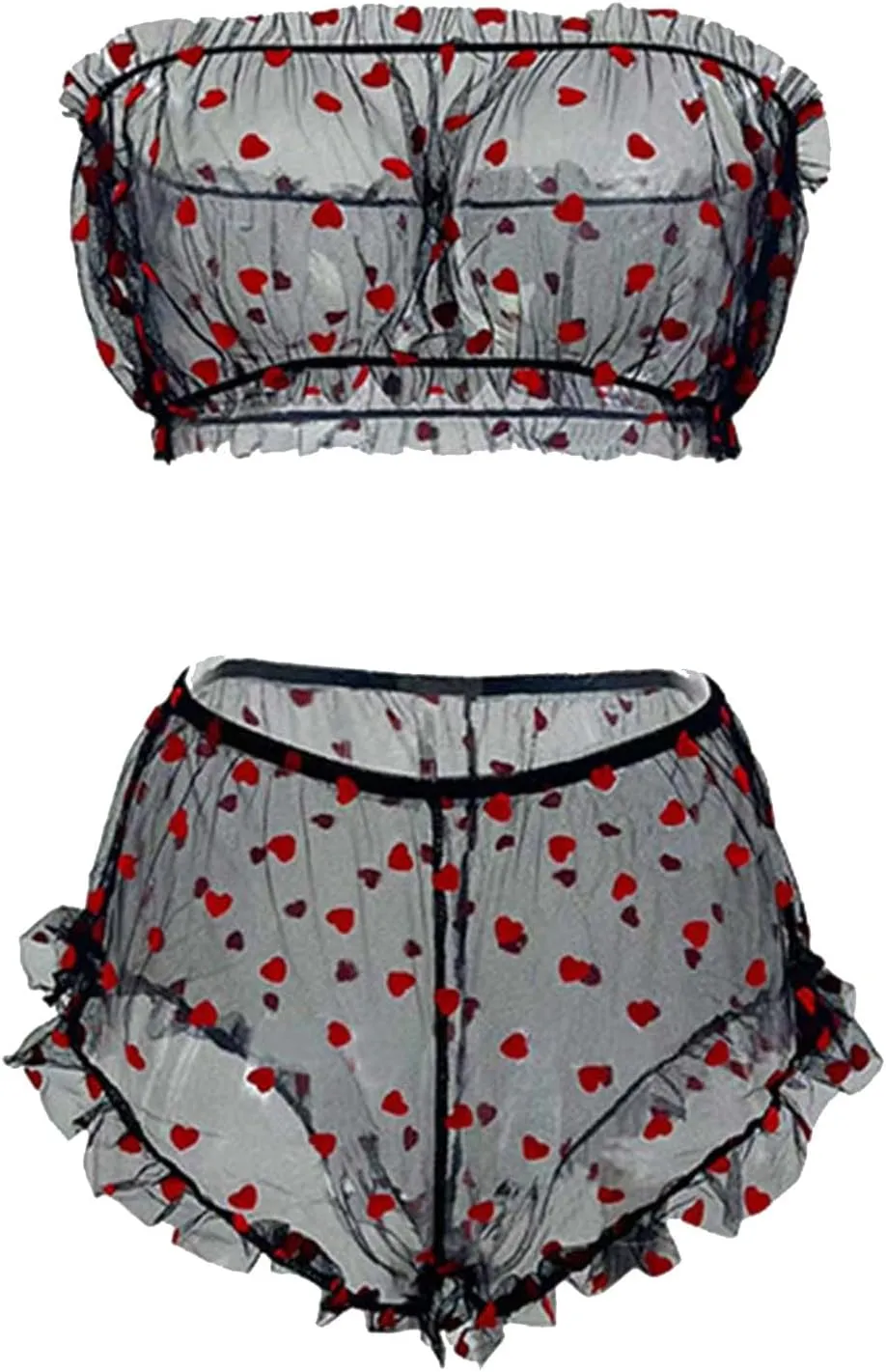 Oplxuo Lingerie Set for Women Mesh Sheer Strapless Bralette and Panty Outfits Sexy See Through Teddy Babydoll Sleepwear