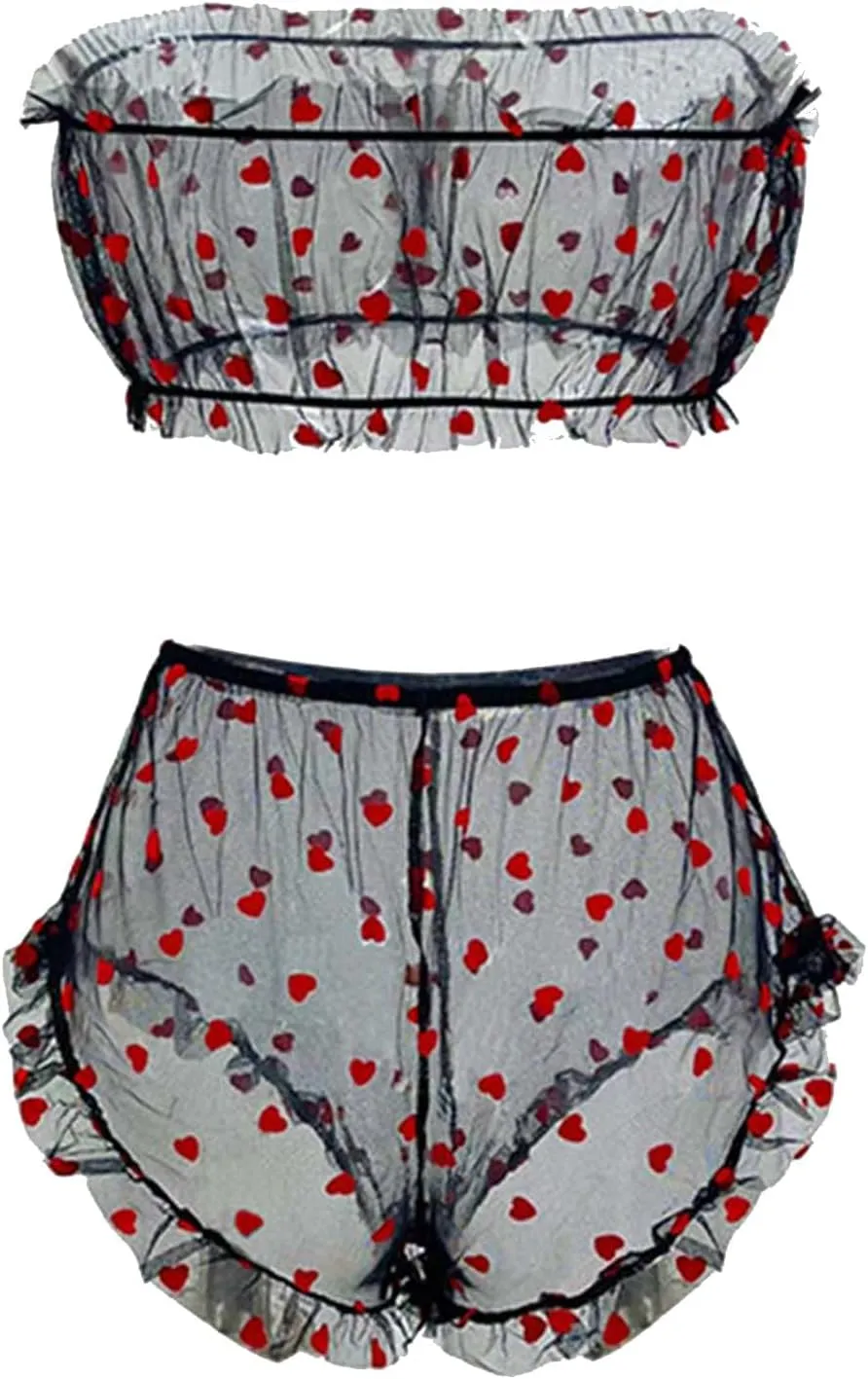 Oplxuo Lingerie Set for Women Mesh Sheer Strapless Bralette and Panty Outfits Sexy See Through Teddy Babydoll Sleepwear