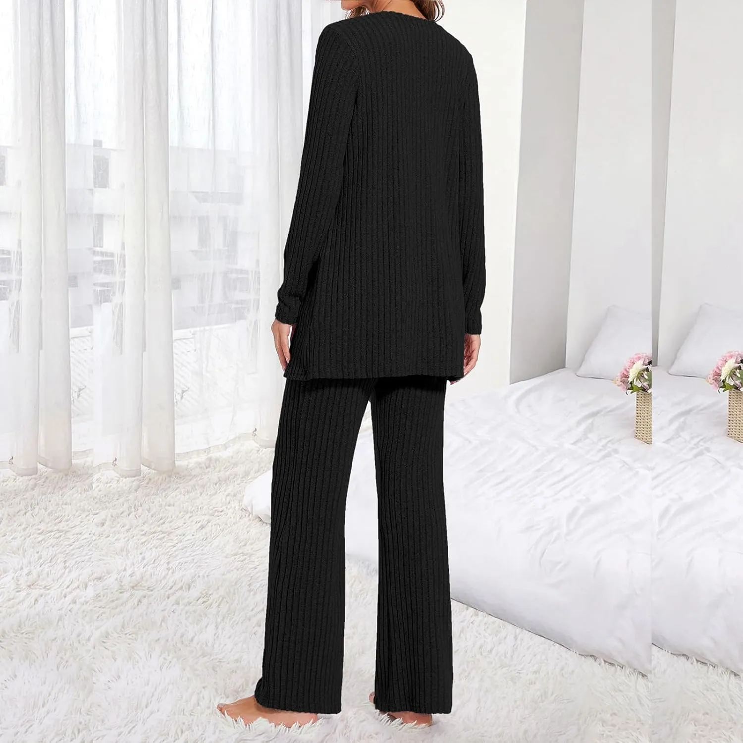 Oplxuo Women's 3 Piece Ribbed Knit Lounge Set Pajama Long Sleeve Cardigan Tank Top Pants Sweatsuit Sleepwear
