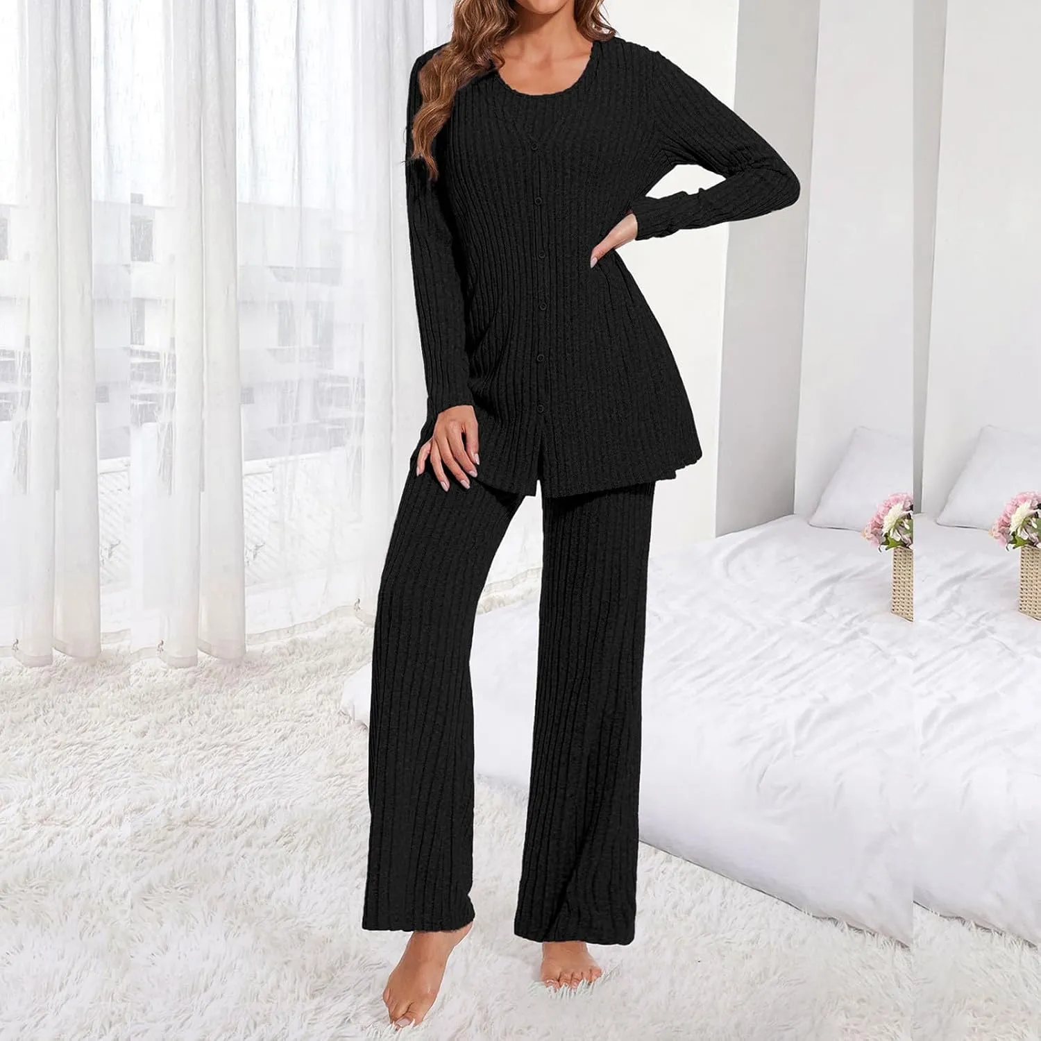 Oplxuo Women's 3 Piece Ribbed Knit Lounge Set Pajama Long Sleeve Cardigan Tank Top Pants Sweatsuit Sleepwear
