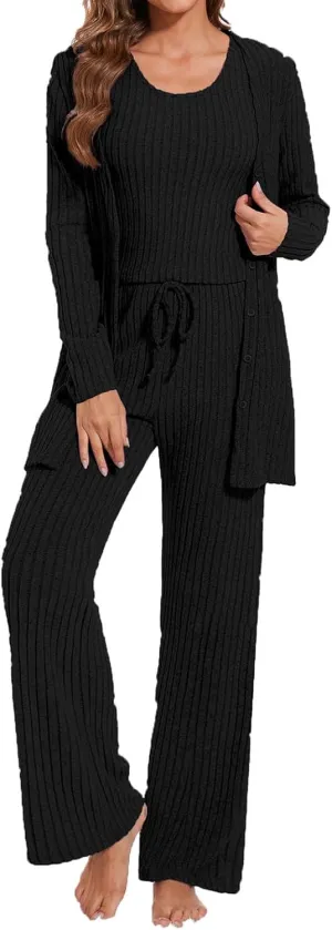 Oplxuo Women's 3 Piece Ribbed Knit Lounge Set Pajama Long Sleeve Cardigan Tank Top Pants Sweatsuit Sleepwear