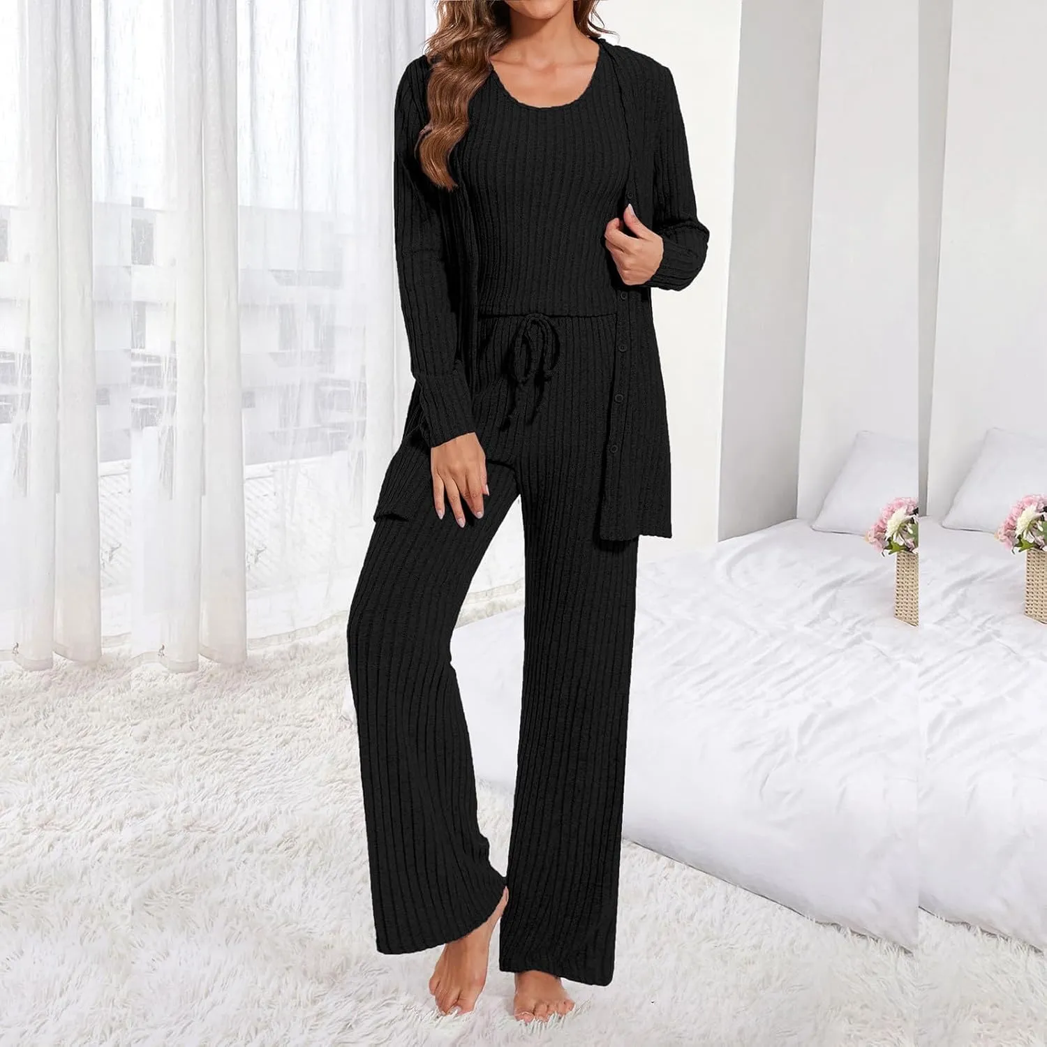 Oplxuo Women's 3 Piece Ribbed Knit Lounge Set Pajama Long Sleeve Cardigan Tank Top Pants Sweatsuit Sleepwear