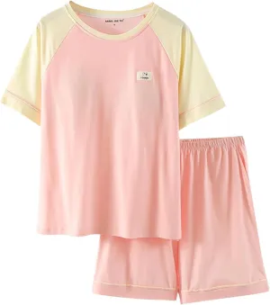 Oplxuo Womens Pajamas Sets Short Sleeve T Shirt with Built in Bra Shorts Set Cotton Soft Sleepwear 2 Piece Lounge Outfits