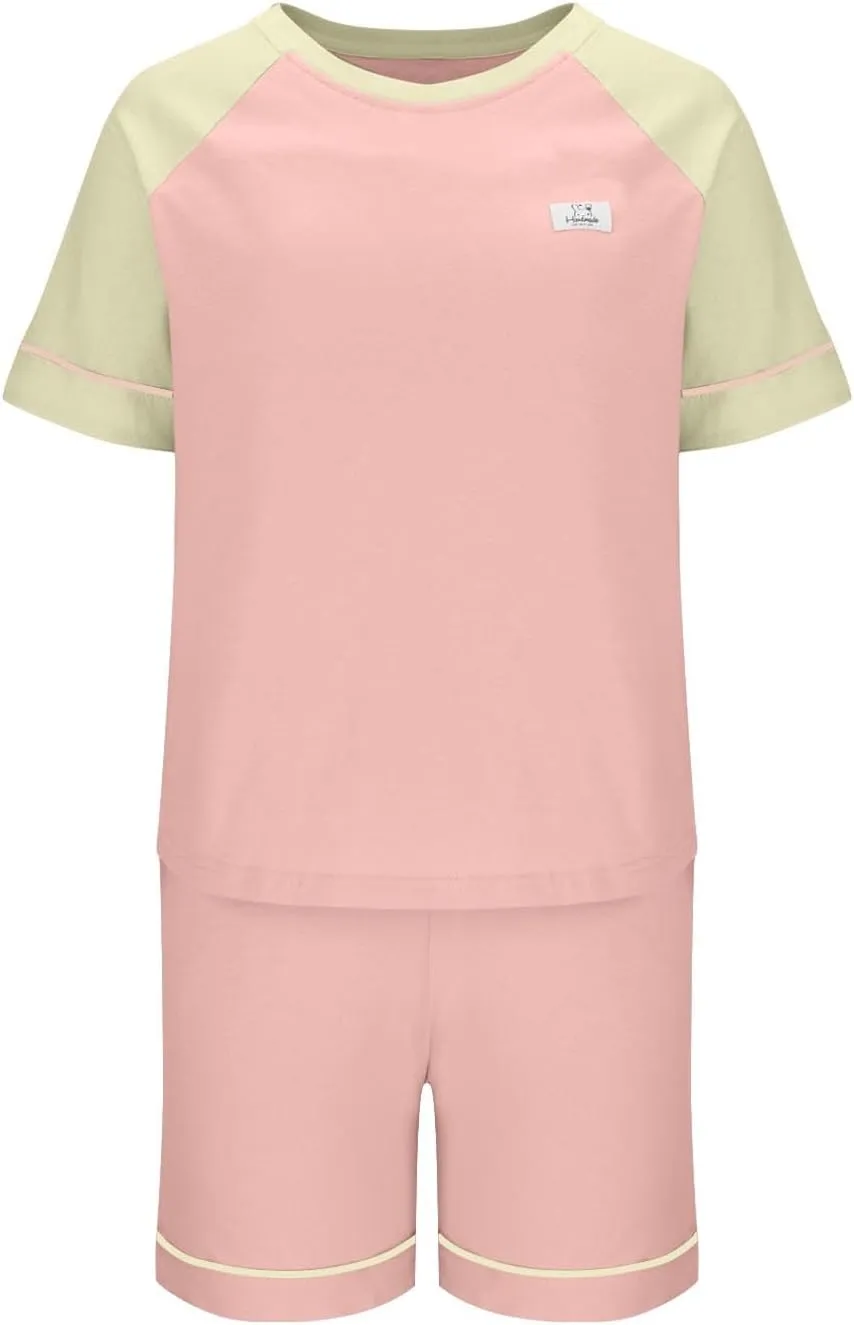 Oplxuo Womens Pajamas Sets Short Sleeve T Shirt with Built in Bra Shorts Set Cotton Soft Sleepwear 2 Piece Lounge Outfits