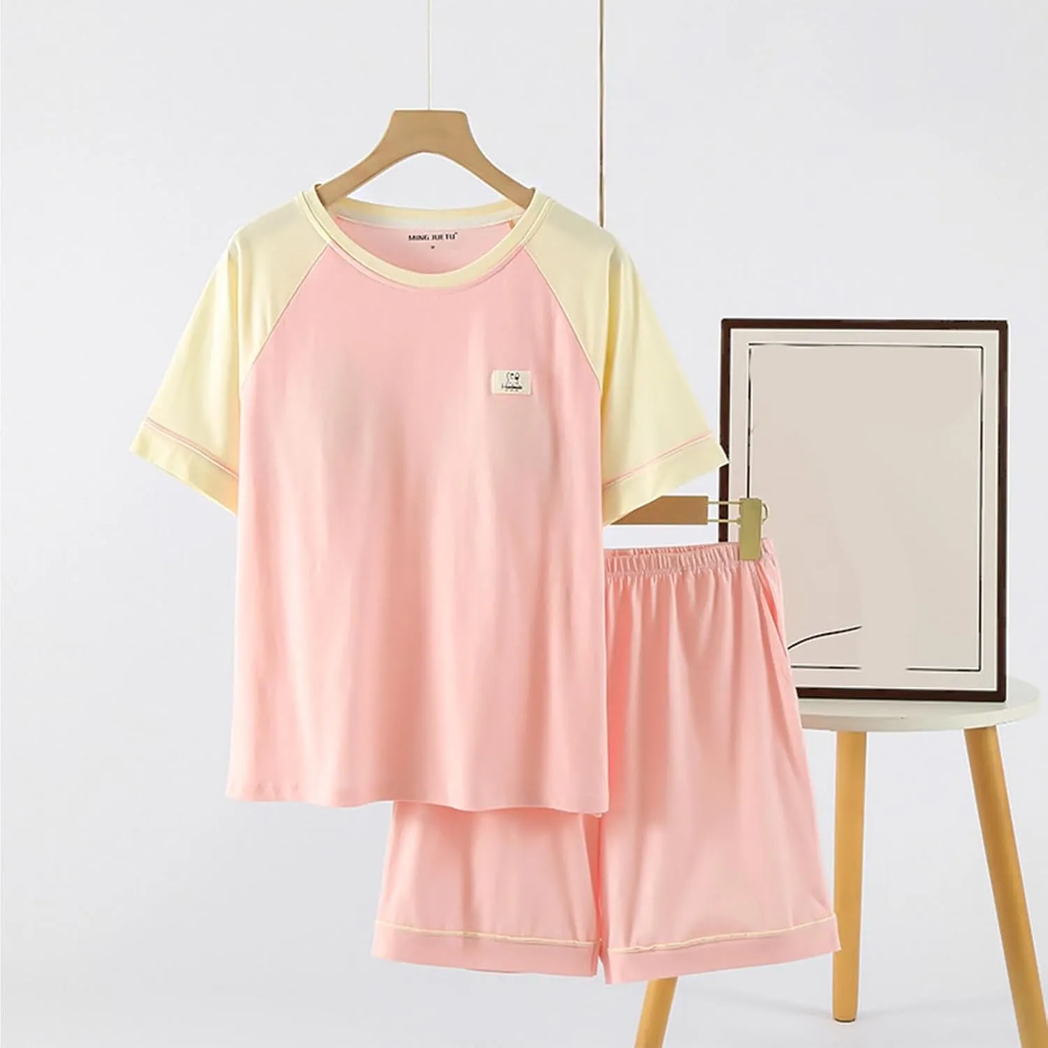 Oplxuo Womens Pajamas Sets Short Sleeve T Shirt with Built in Bra Shorts Set Cotton Soft Sleepwear 2 Piece Lounge Outfits