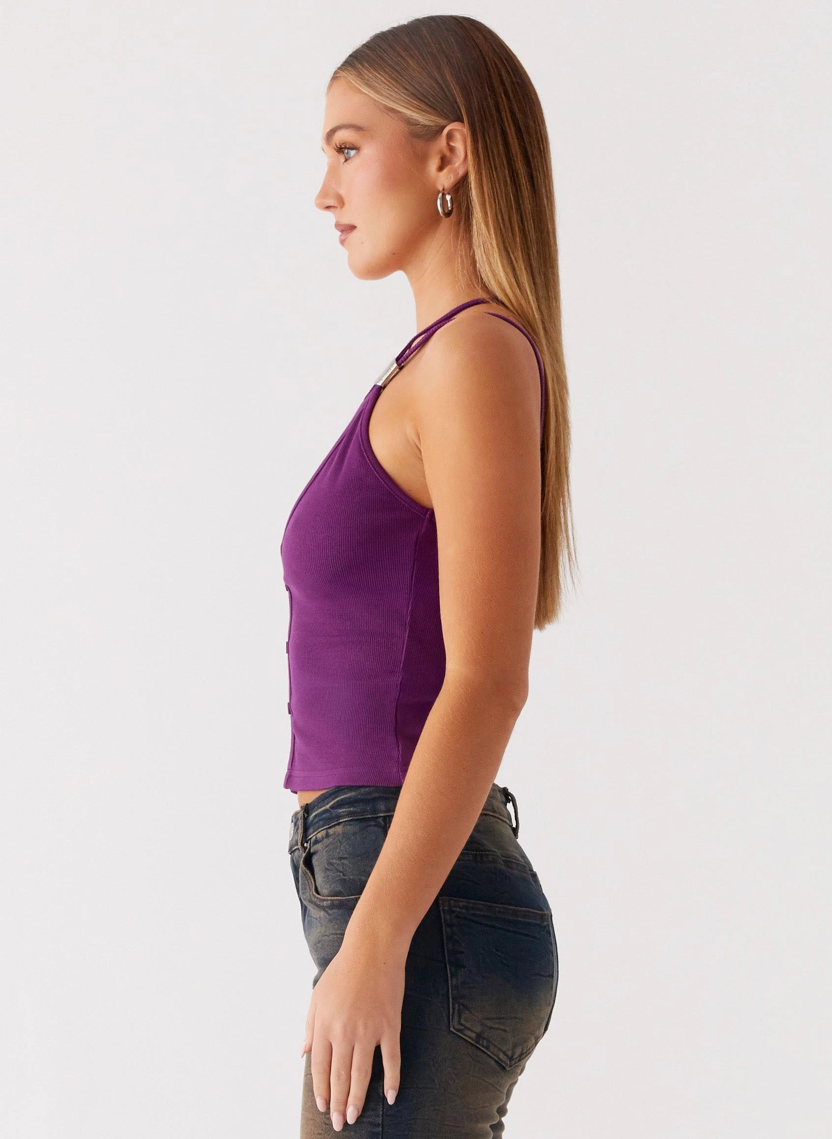 Optix Button Front Top - Plum AthleisureInspired