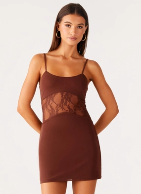 Beaded-Sleeve Standout Feature Jordanna Lace Mini Dress - Chocolate