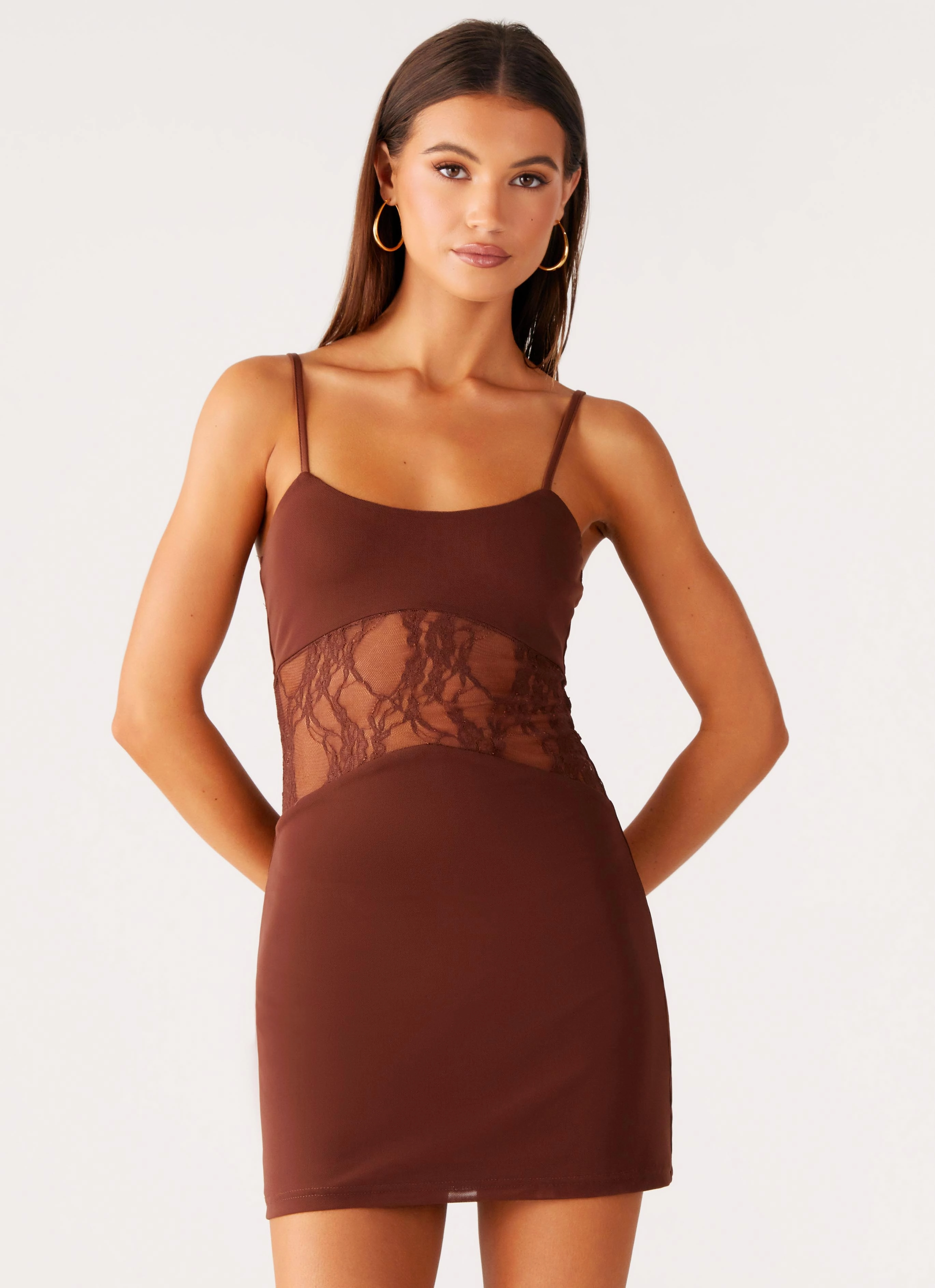 Beaded-Sleeve Standout Feature Jordanna Lace Mini Dress - Chocolate