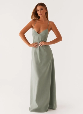 Vibrant patterned dress Silky Mood Middle Ground Linen Maxi Dress - Sage