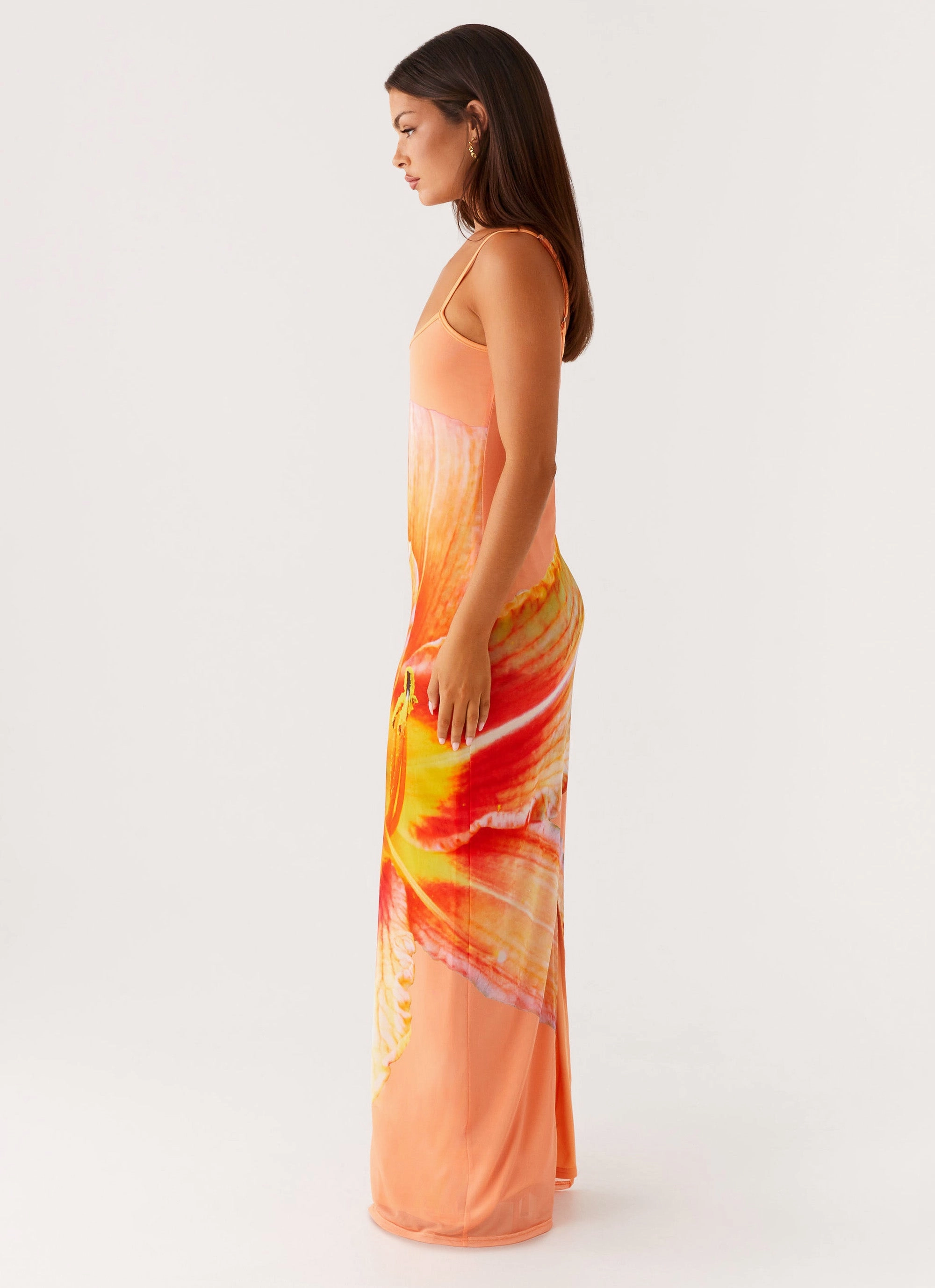 Bad News Mesh Maxi Dress - Orange Floral Flow Line Hand-Wash