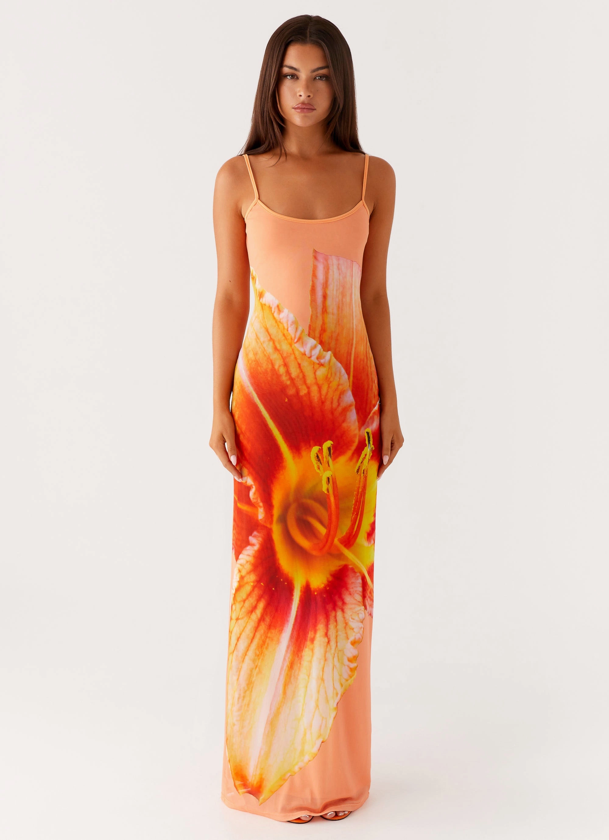 Bad News Mesh Maxi Dress - Orange Floral Vibe Style