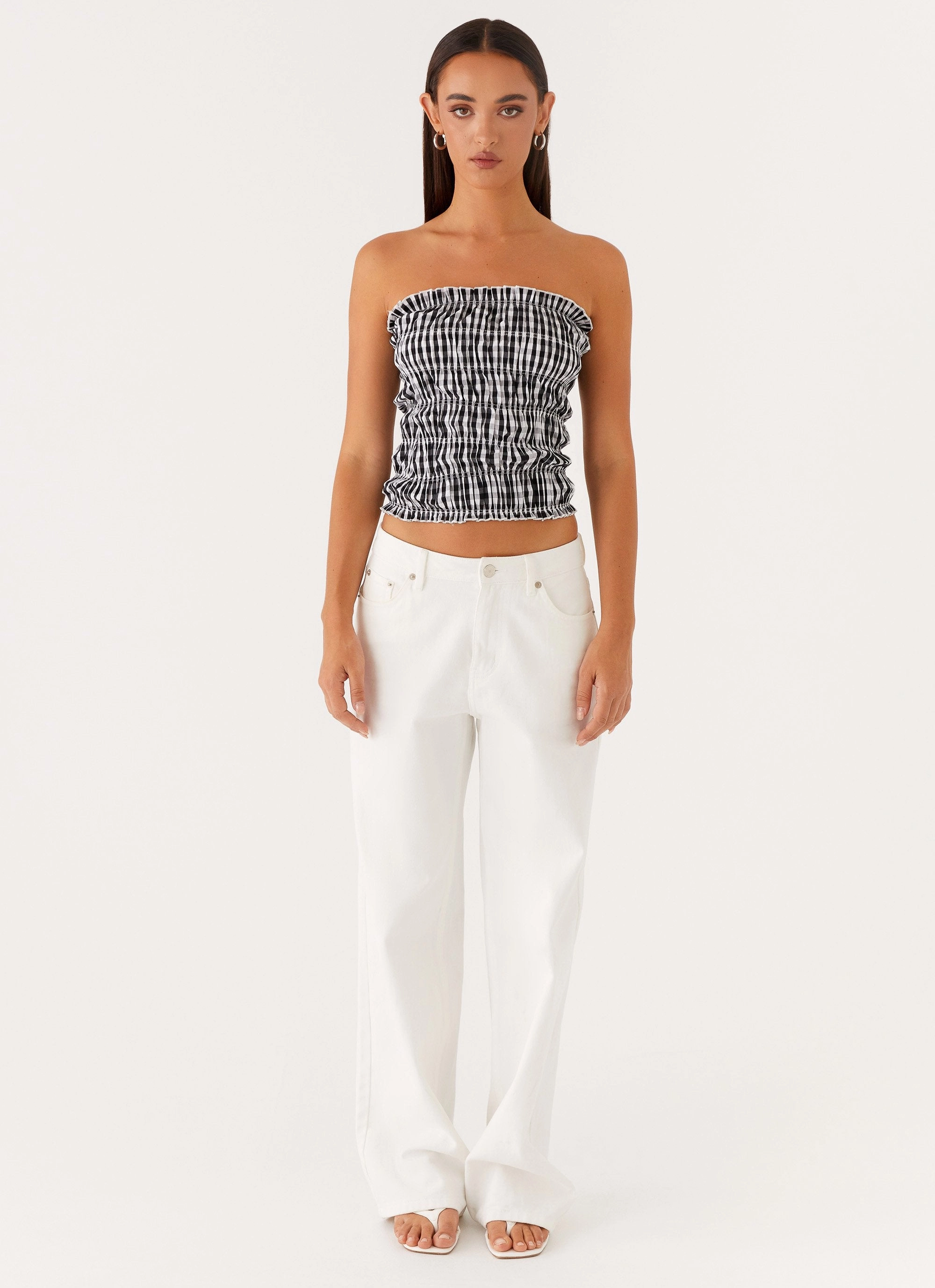 Orion Strapless Ruched Top - Black/White Gingham WaffleWeave