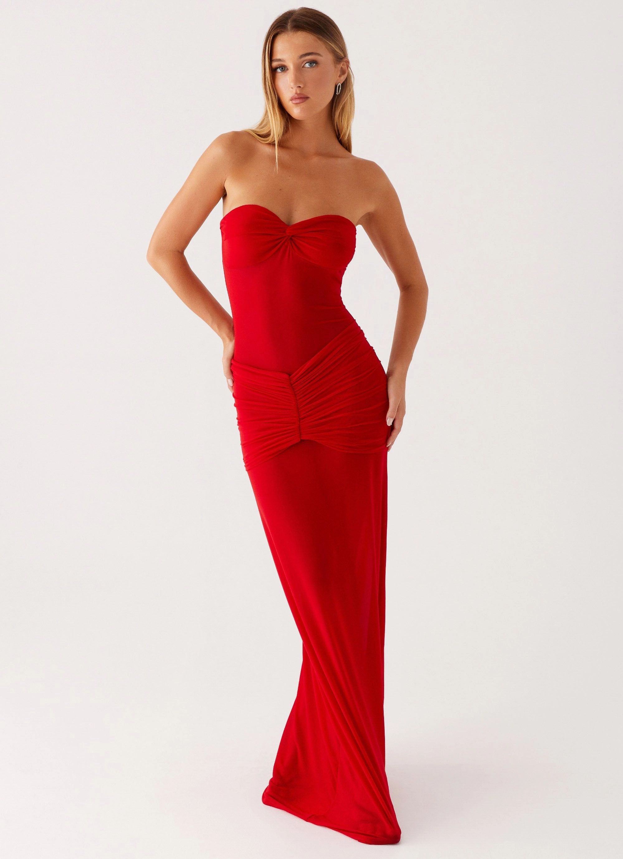 Ottilie Mesh Maxi Dress - Red Stylish Waistband