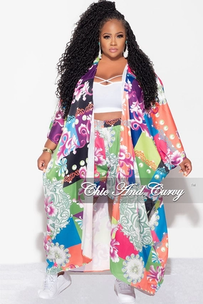 Final Sale Plus Size 2pc Set Jersey Cocoon Satin Duster & Shorts in Multi Color Design Print AdjustableTabs Sustainable Fabric