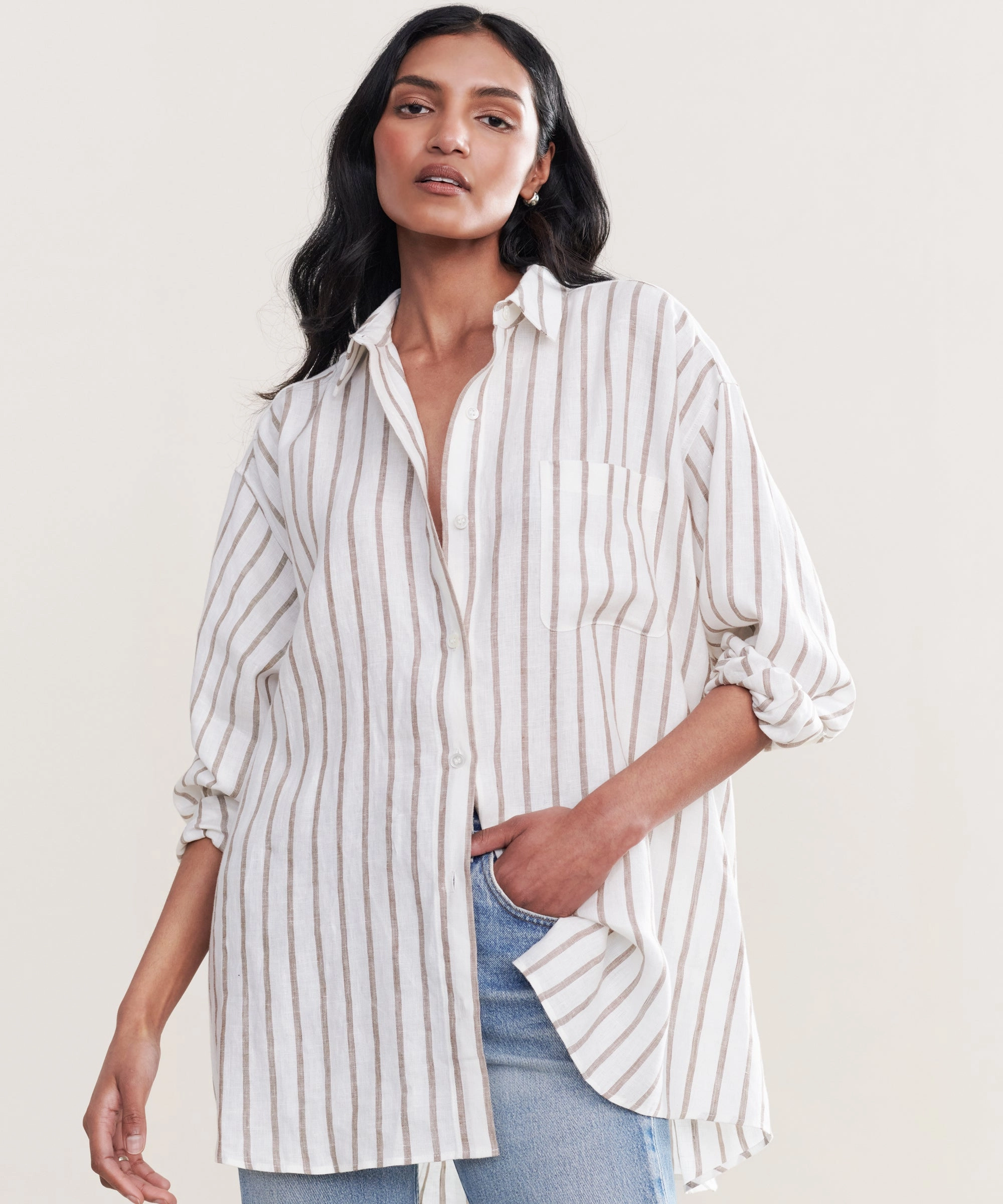 Linen Relaxed Oversized Shirt Layered Hem Reinforcement