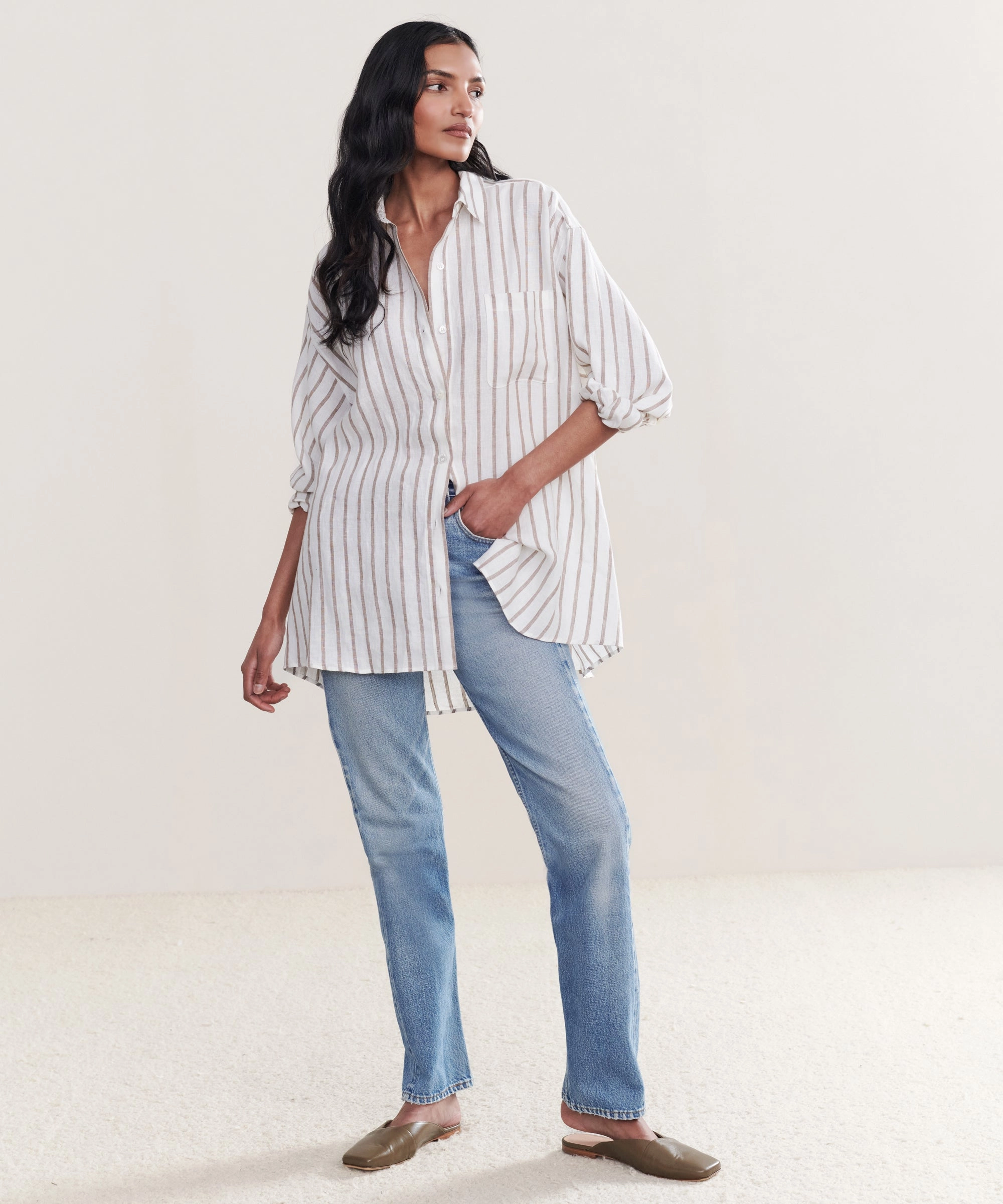 Hybrid Fabric Blend Easycare Linen Relaxed Oversized Shirt