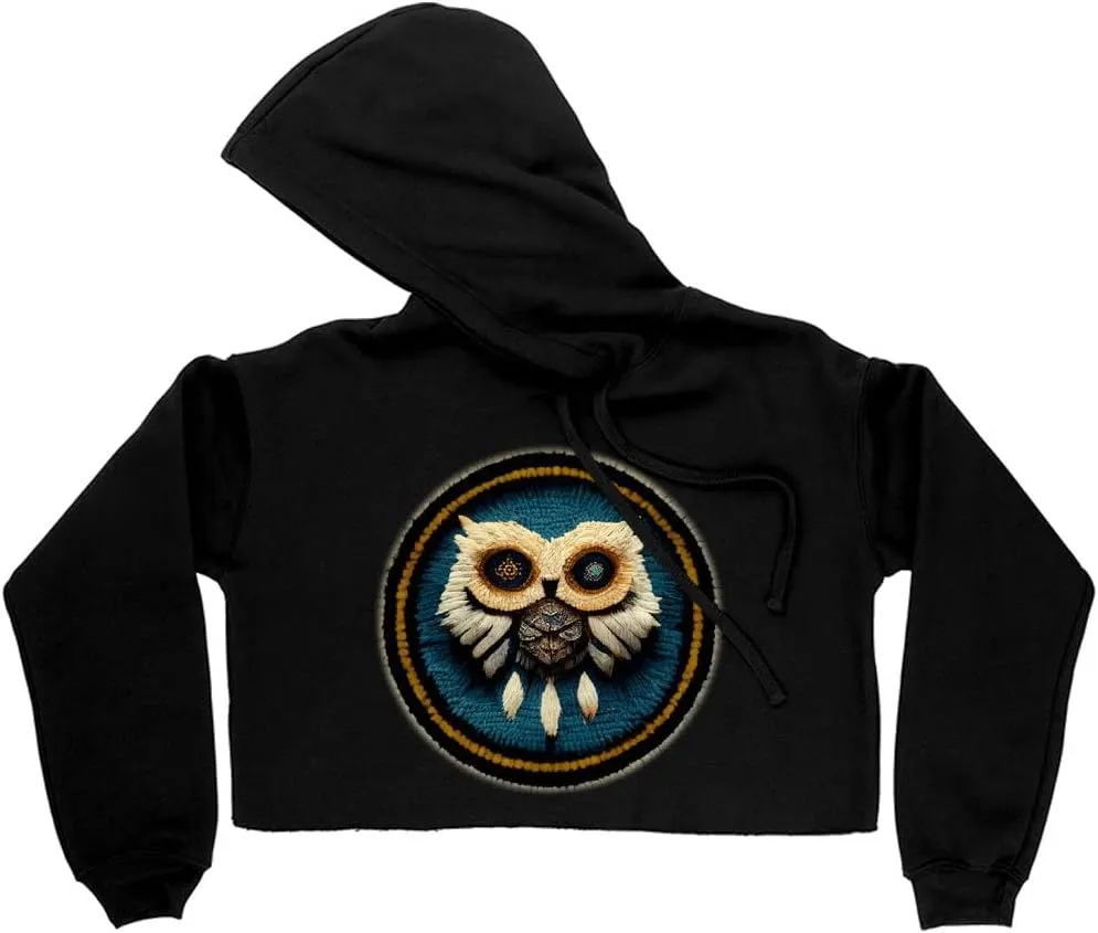 Owl Print Women's Cropped Fleece Hoodie - Animal Print Cropped Hoodie for Women - Printed Hooded Sweatshirt