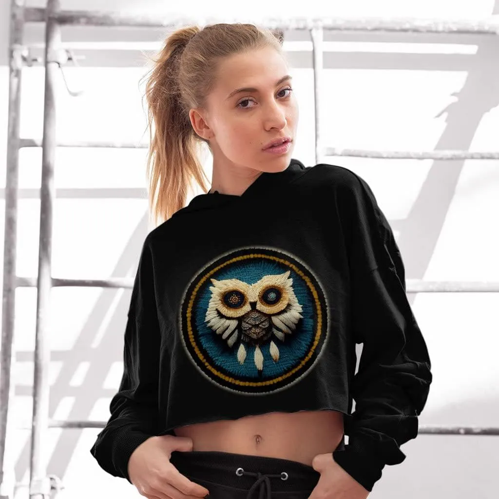 Owl Print Women's Cropped Fleece Hoodie - Animal Print Cropped Hoodie for Women - Printed Hooded Sweatshirt