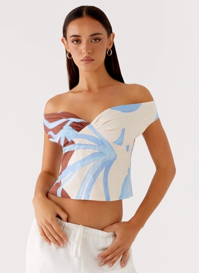 Ozella Off Shoulder Top - Bloom Wave Print Flatlock Seam Technique