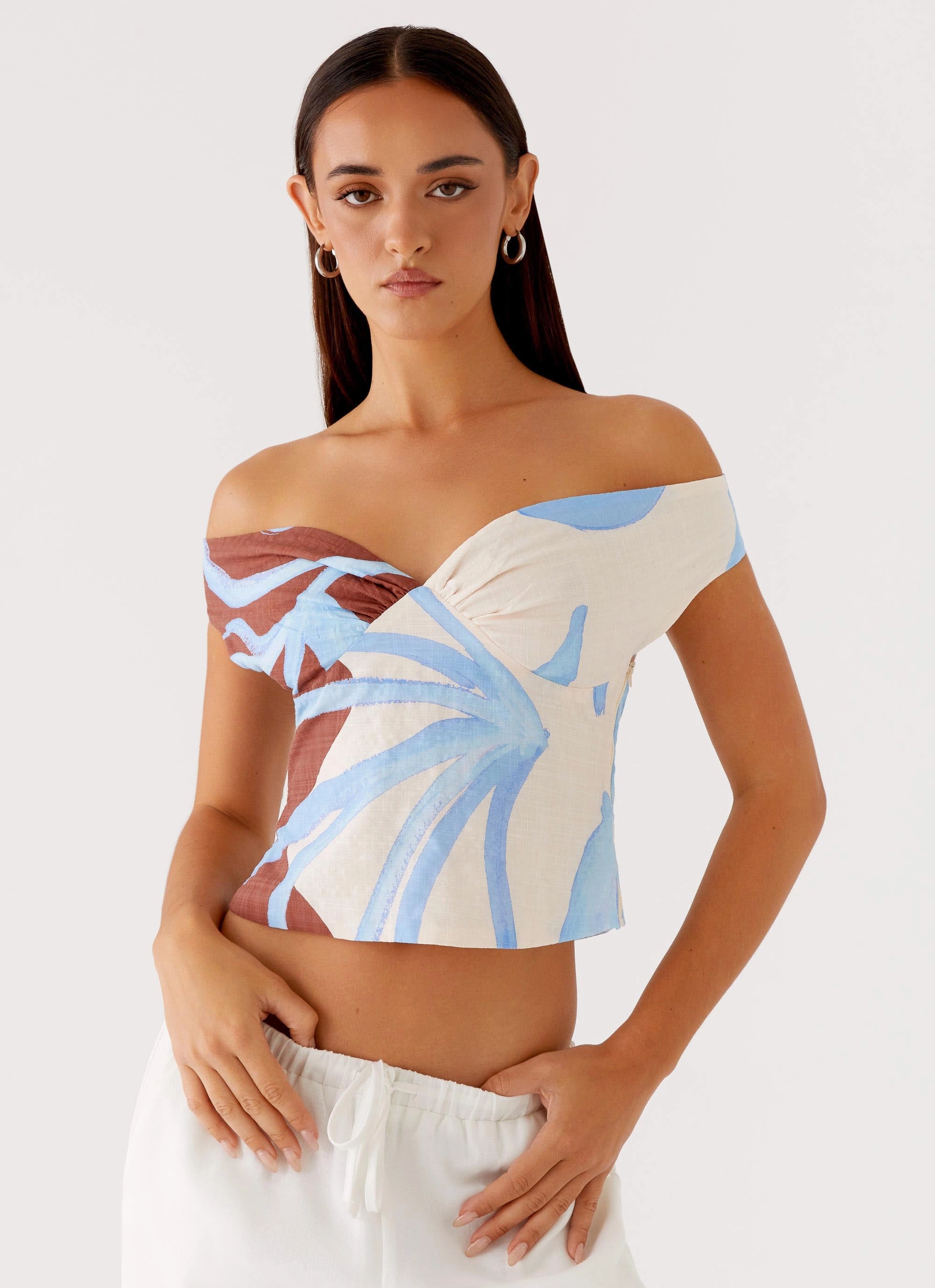 Ozella Off Shoulder Top - Bloom Wave Print Flatlock Seam Technique