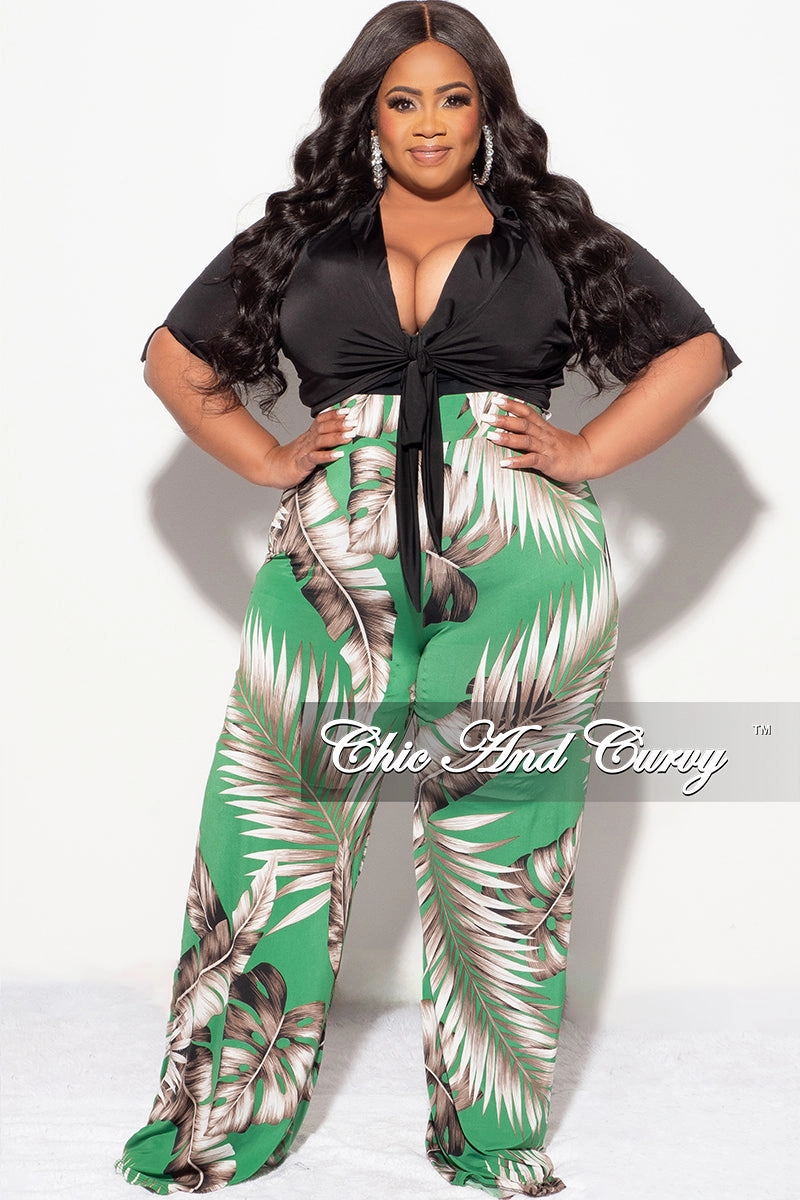 Final Sale Plus Size 2pc Black Collar Crop Tie Top and Pants Set in Green Leaf Print Chic casual