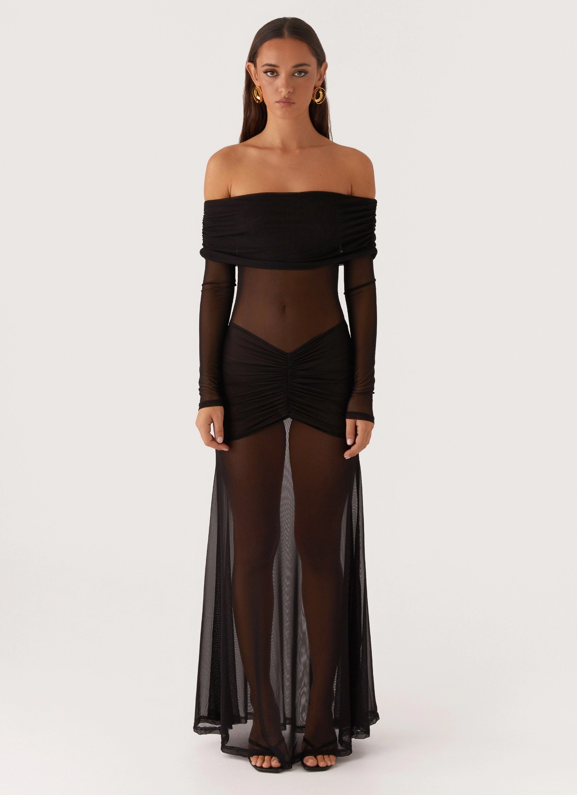 Golden Scene Breath Soft Maren Off Shoulder Maxi Dress - Black