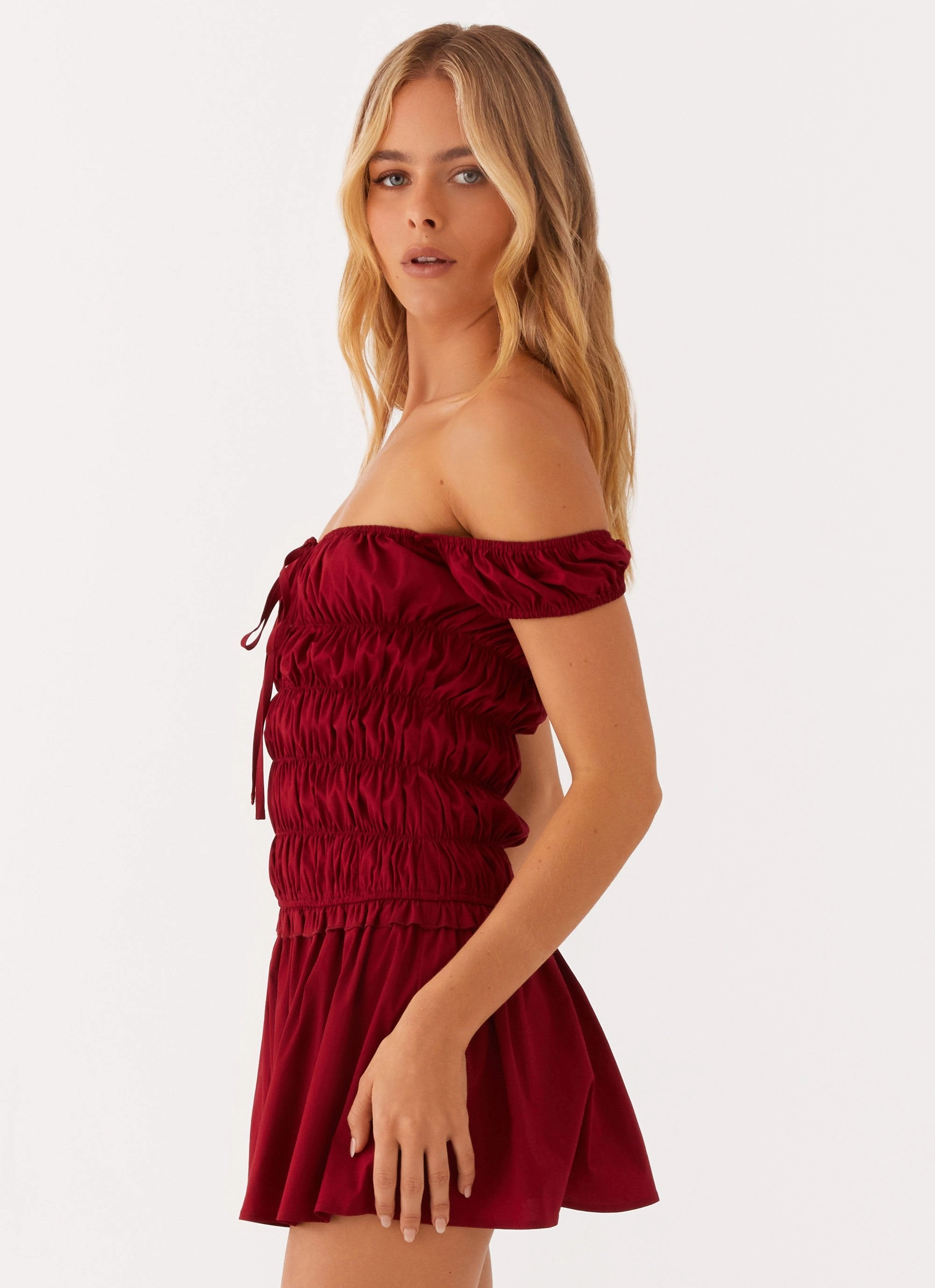 Countryside Off Shoulder Mini Dress - Deep Red Feminine Structure
