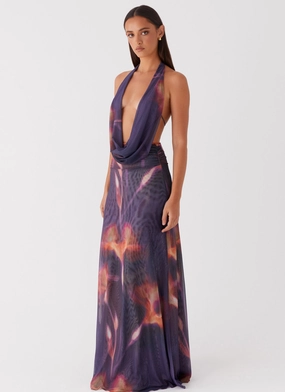 Elysia Mesh Maxi Dress - Midnight Bloom Zip Ease